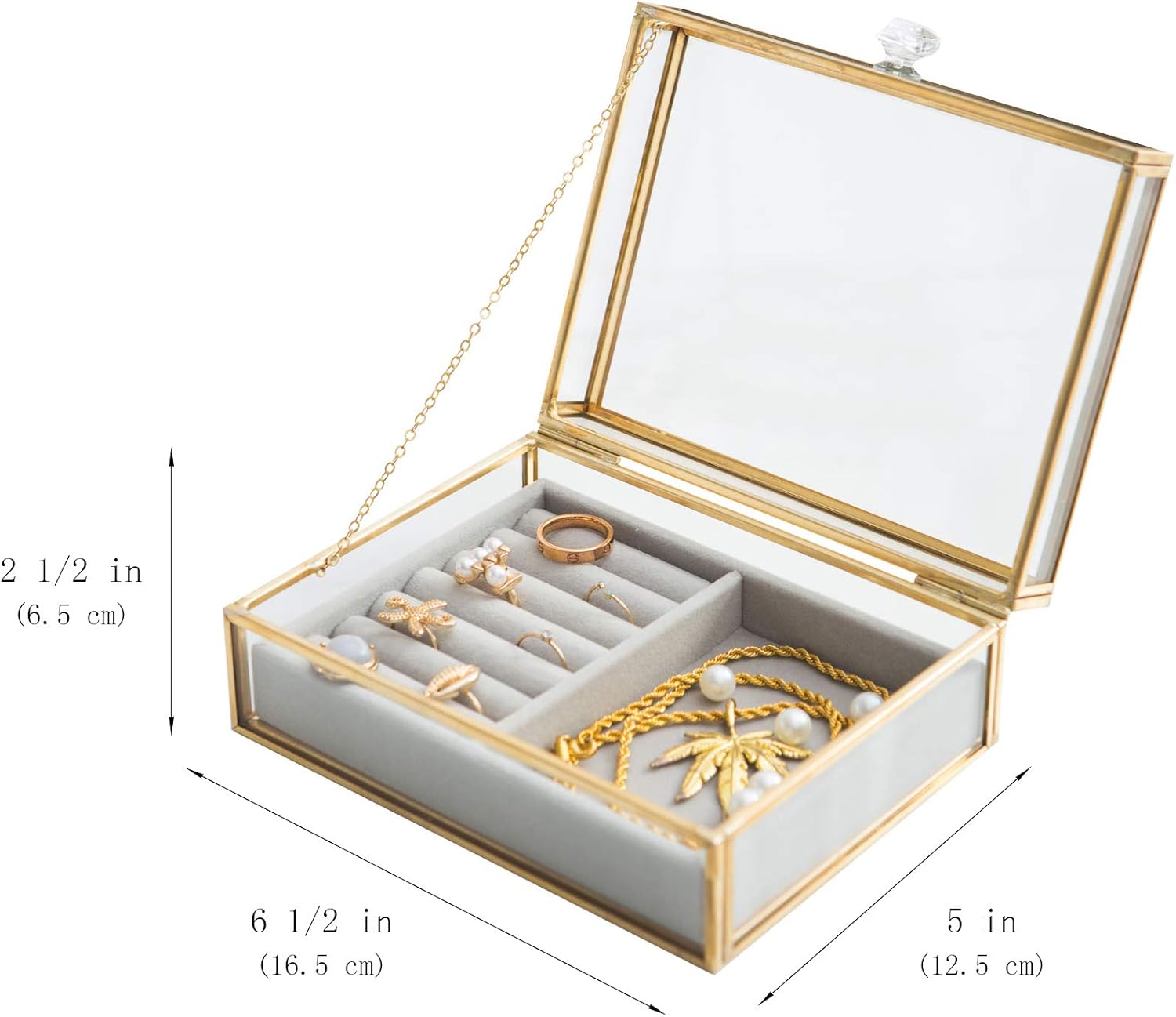 Clear Glass Jewelry Box with Removable Velvet Tray - Jewelry Case with Lid Vanity Vintage Metal Brass Jewellery Display Dust-Proof Organizer for Earring Ring Necklace for Bedroom, Dresser