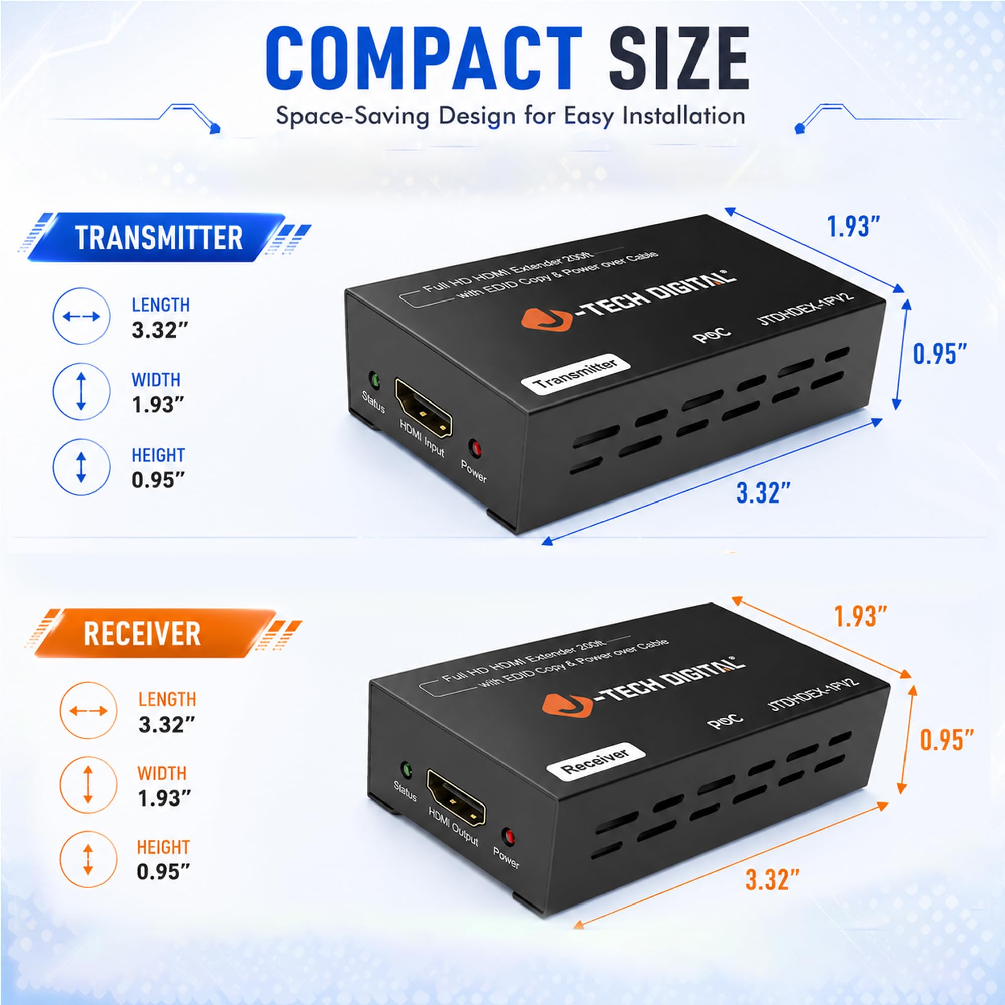 Extensor HDMI 1080P 60Hz sobre un solo CAT 5e/6/7 PoC (cable de alimentación) hasta 60 m | Color profundo, copia EDID, cero pérdida de señal por J-Tech Digital [JTDHDEX-1P]