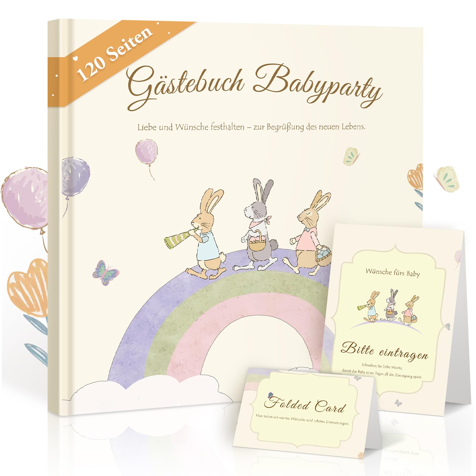 Foliom Babyparty Gästebuch Set, Hardcover 20x20 cm, 120 Seiten, Hasen-Motiv | Tischschild, Willkommenskarte, Regenbogen- Und Hasenmotiv, Für Baby Shower, Taufe, Geburtstag, Mädchen Und Jungen