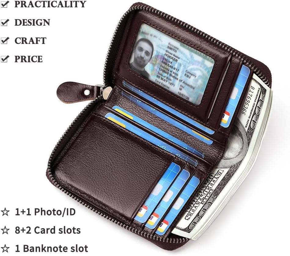 Men's Large Capacity RFID Blocking Zipper Wallet Genuine Leather Multi-Card Holder Vegetable Tanned Brown (Coffee) - Image 2