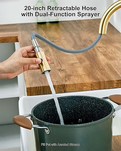 Miniatura 5 de Darnok 79723LG Mia - Grifo de cocina dorado claro cepillado con rociador extraíble, grifo de fregadero de cocina de arco alto de 15.6 pulgadas,