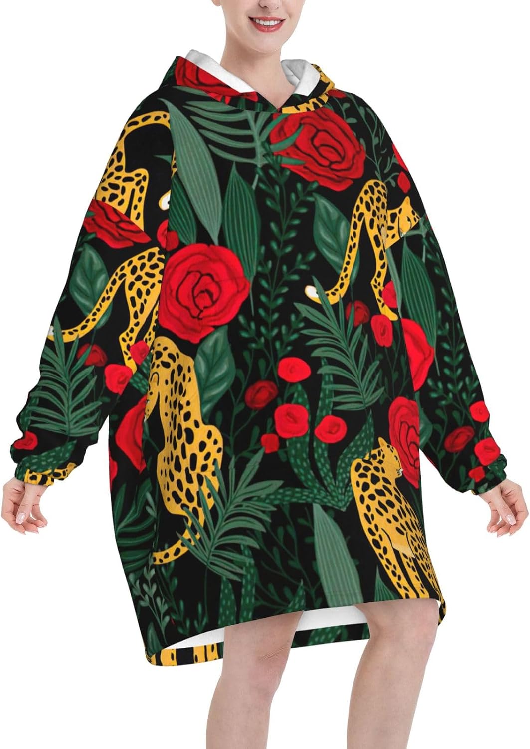 Leopard And Rosesprint Oversized Hoodie Blanket, Super Soft Warm Comfortable Hoodie, Wearable Blanket Adult