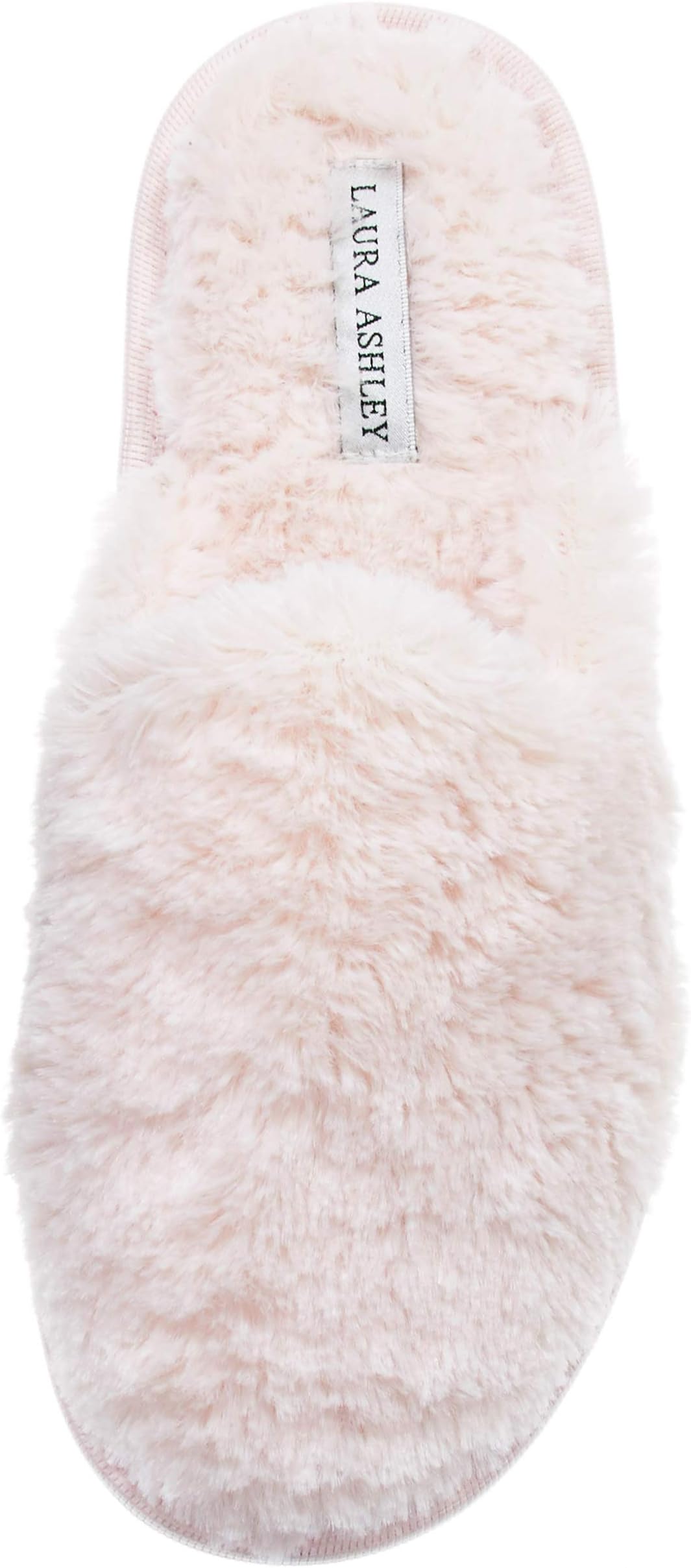 Laura Ashley Womens Plush Faux Rabbit Fur One Band Memory Foam Slide Slippers, Warm Fuzzy Fluffy Open Toe Slides