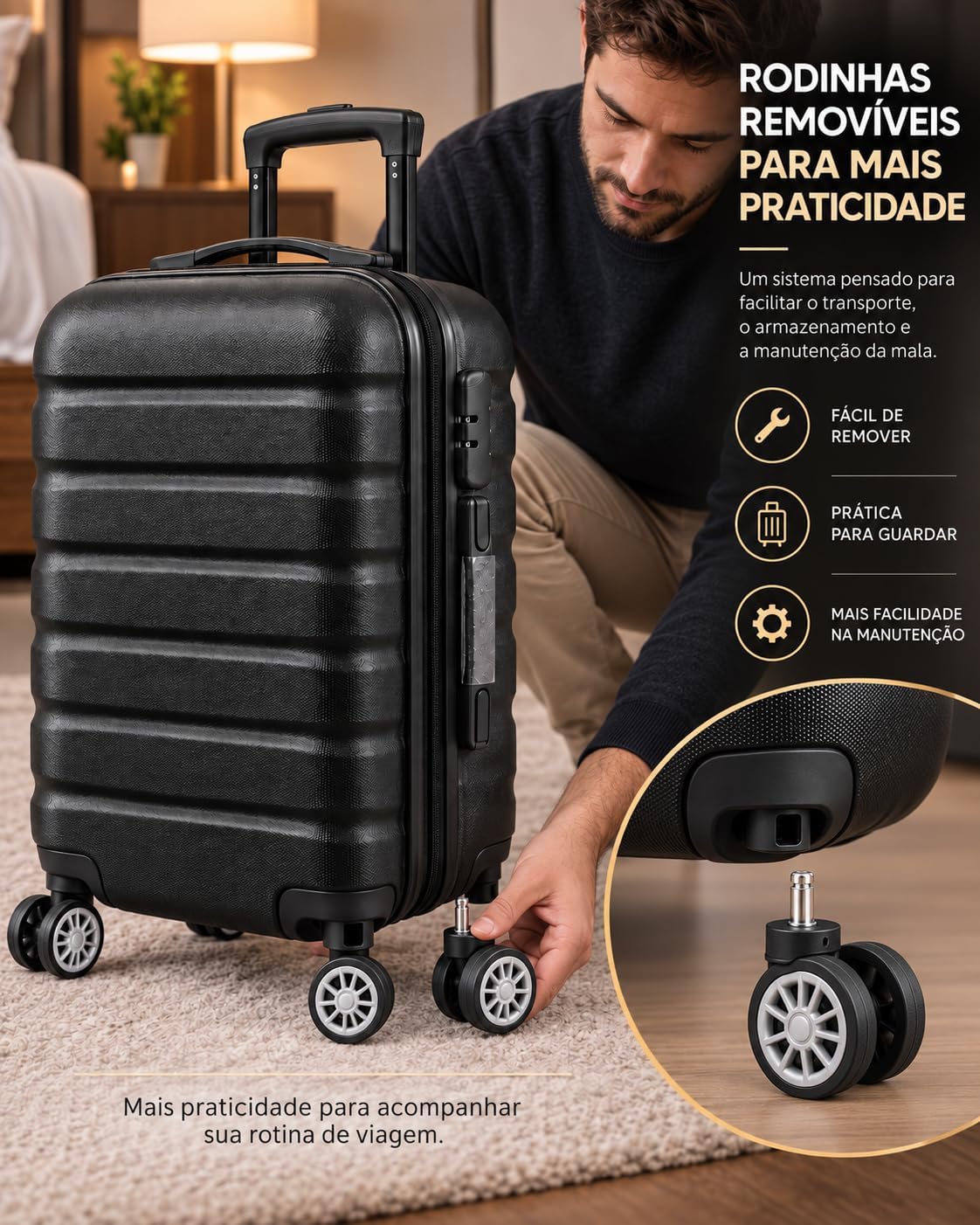 Mala de Viagem 20" 23x48 cm de Bordo até 10kg, Rígida e Espaçosa, Rodas Duplas 360° Removíveis, Cadeado com Senha, Preta