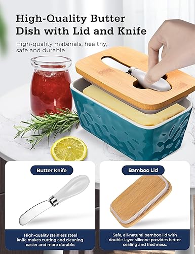 Miniatura 3 de Mantequillera con tapa plato grande para mantequilla para encimera, recipiente de mantequilla de cerámica con cuchillo doble sello de silicona,