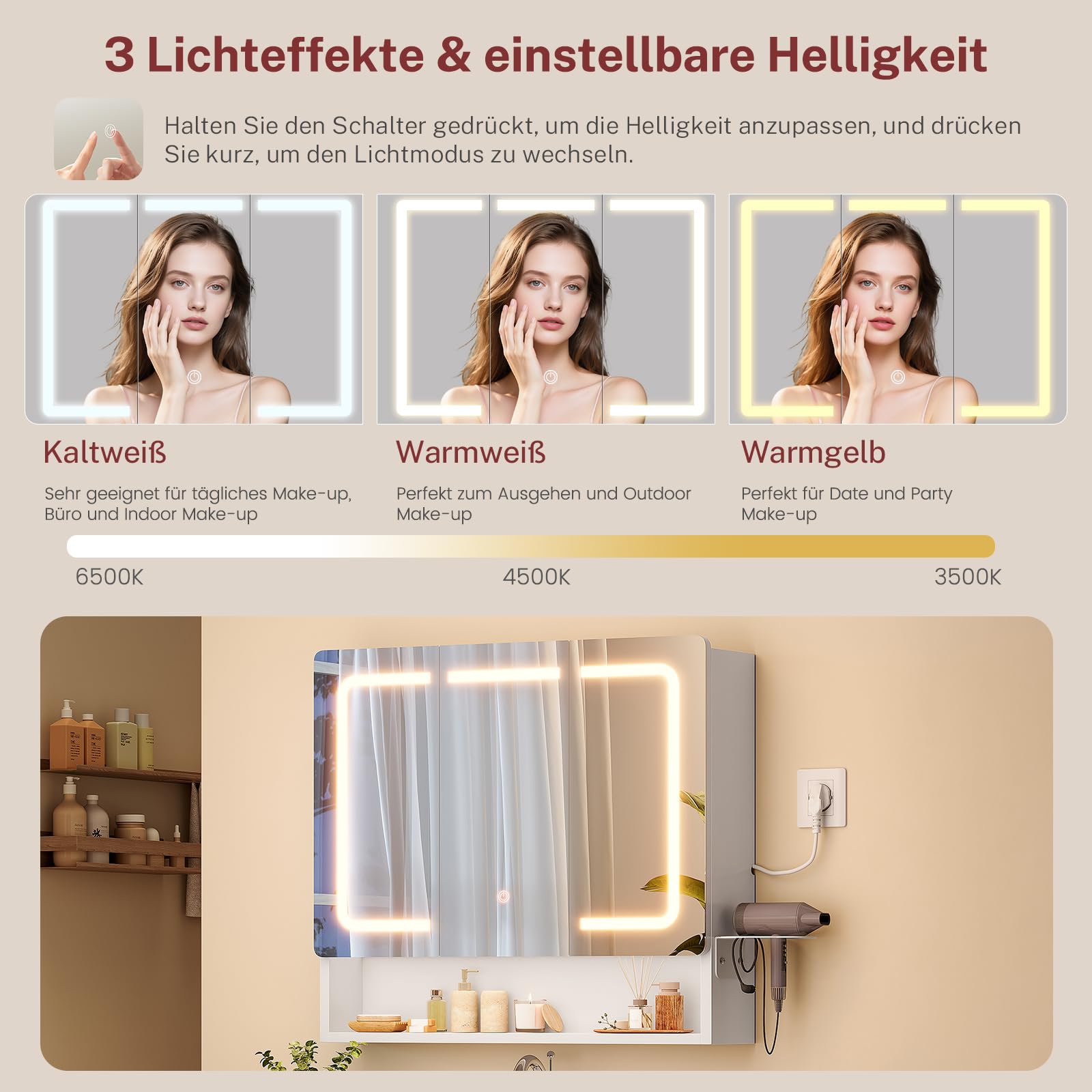TEENFON Spiegelschrank Bad mit Beleuchtung LED, Badezimmer Spiegelschrank mit Klappspiegel und Steckdose, 3-Fach Farbtemperatur dimmbar, Haartrockner-Halter, verstellbare Ablagen, 70x15x65cm