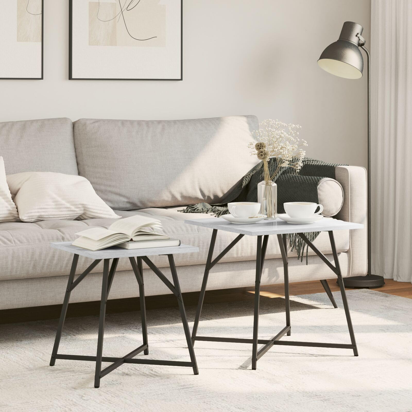 SXZenSpace 869729 Set of 2 Side Tables in Grey Sonoma with Engineered Wood and Metal Table - Modern Nightstand End for Home Bedroom Living Room Easy Assembly Hallway Coffee
