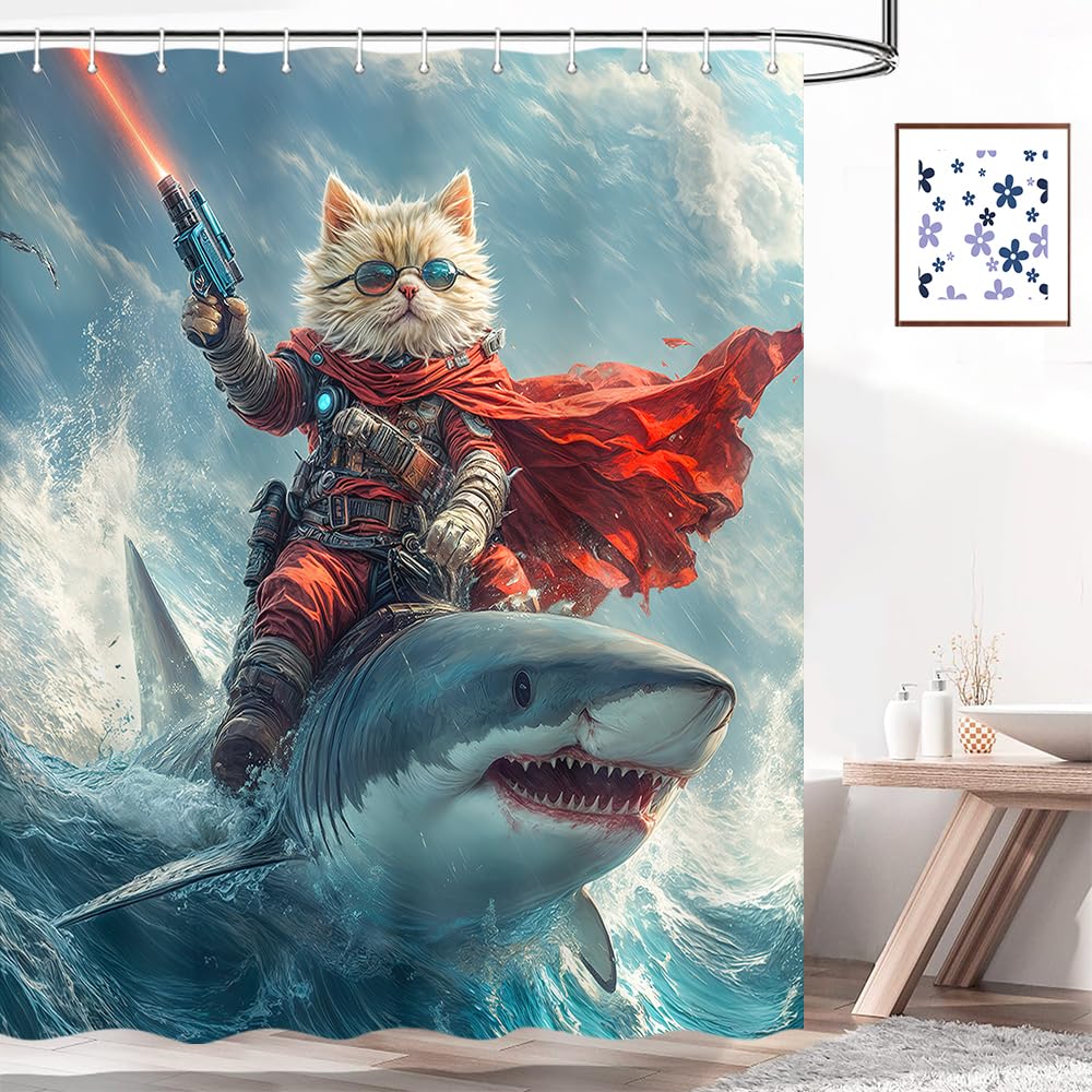 Funny Cool Humor Shower Curtain for Men Adults, Ocean Summer Cat Riding Shark Animal Bath Curtain, Beach Blue Waves Kids Boys Nautical Coastal Waterproof Polyester Bathroom Bathtub Decor,36X70IN