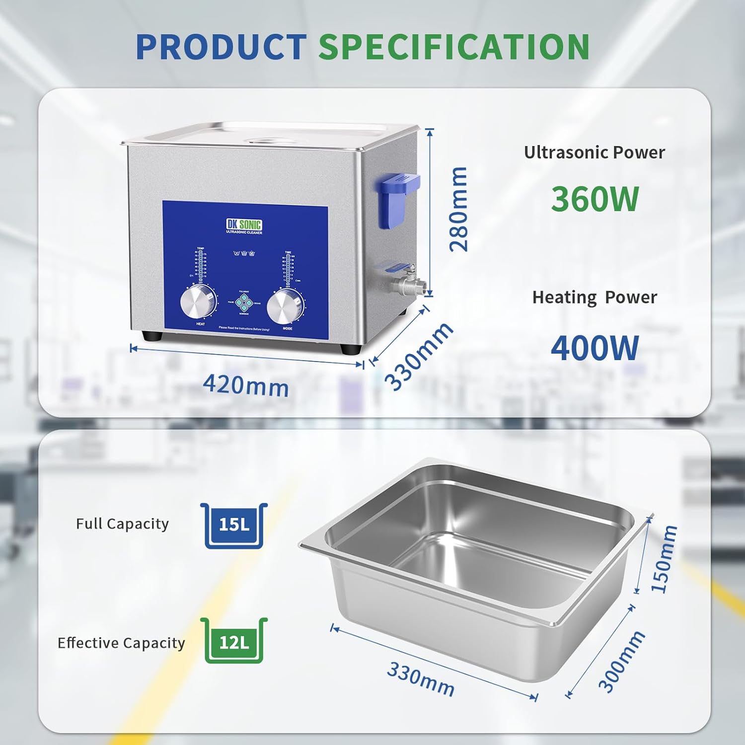 DK SONIC Industrial Ultrasonic Cleaner 15L,360W Commercial Sonic Cleaner with Encoded Timer,Heater&Basket, Multiple Functions for Carburetors, Motorcycle Engines, Chains