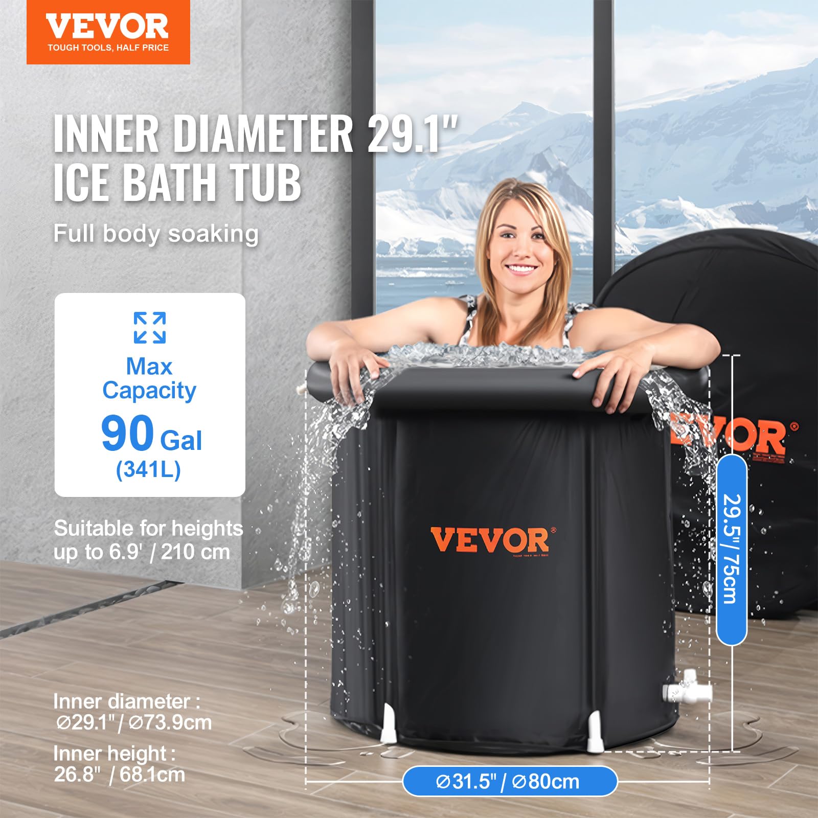 VEVOR Vasca da Bagno di Ghiaccio Lunga 80 cm Vasca per Immersione per Terapia 341 L con Copertura, Barile di Ghiaccio per Recupero, Vasca da Bagno Gonfiabile Pieghevole, Ghiaccio Domestico per Adulti