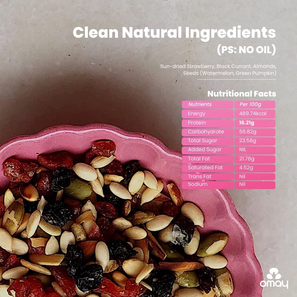 Omay Foods Strawberry Blast Trail Mix, 160g Jar | Healthy Snacks I Strawberry, Black Currant, Roasted Seeds and Berries Mix, Almonds I Seeds Berries Mix | Berry Mix | Roasted Snack I Healthy Seeds Mix I Late Night Snack - Image 3 thumbnail
