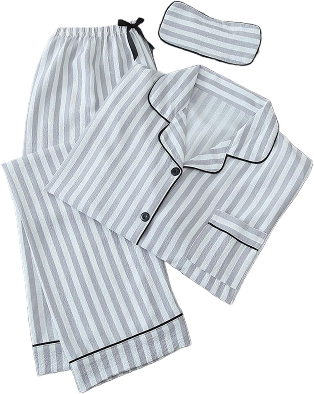 Generic Pajamas for Women Set 3PCS Button down Long Sleeve Shirt with Long Pant Pjs Sets Classic Striped Soft Comfy Sleepwear