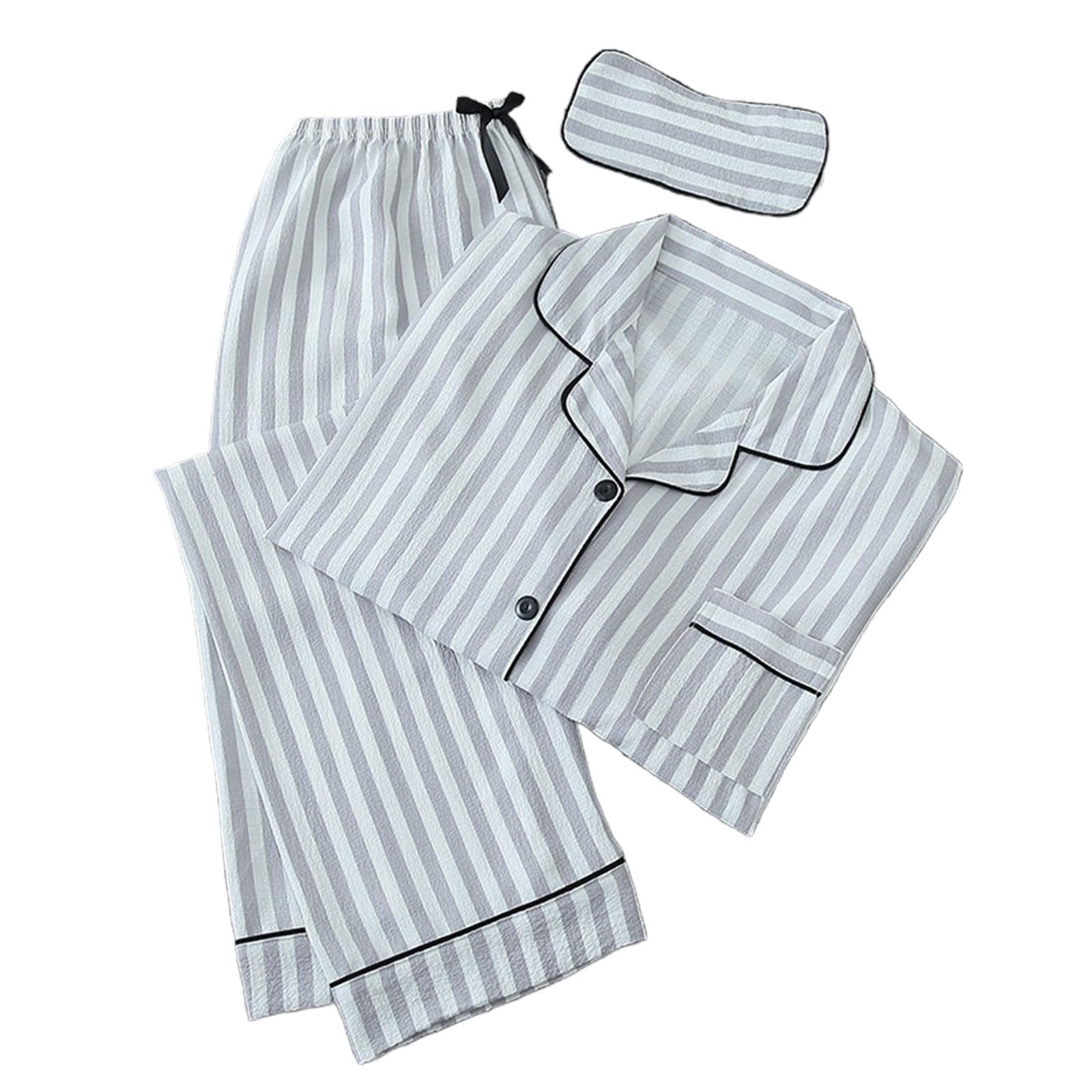 Generic Pajamas for Women Set 3PCS Button down Long Sleeve Shirt with Long Pant Pjs Sets Classic Striped