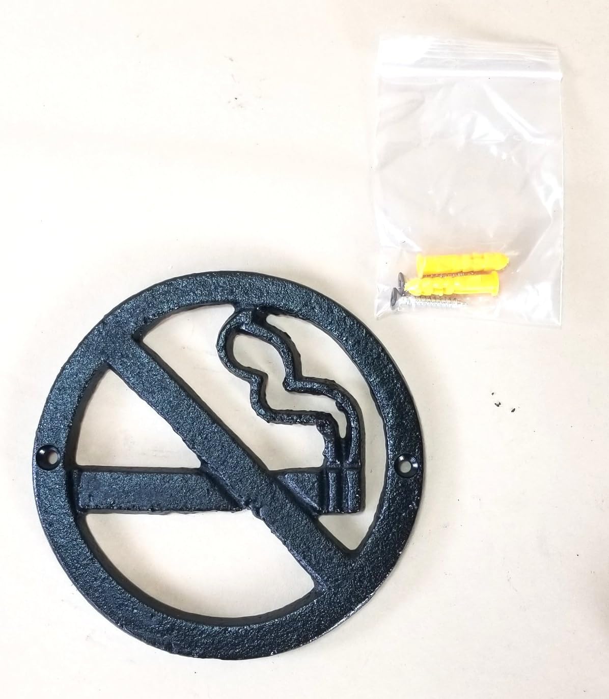 Black No Smoking Sign in Solid Cast Iron with mounting Screws