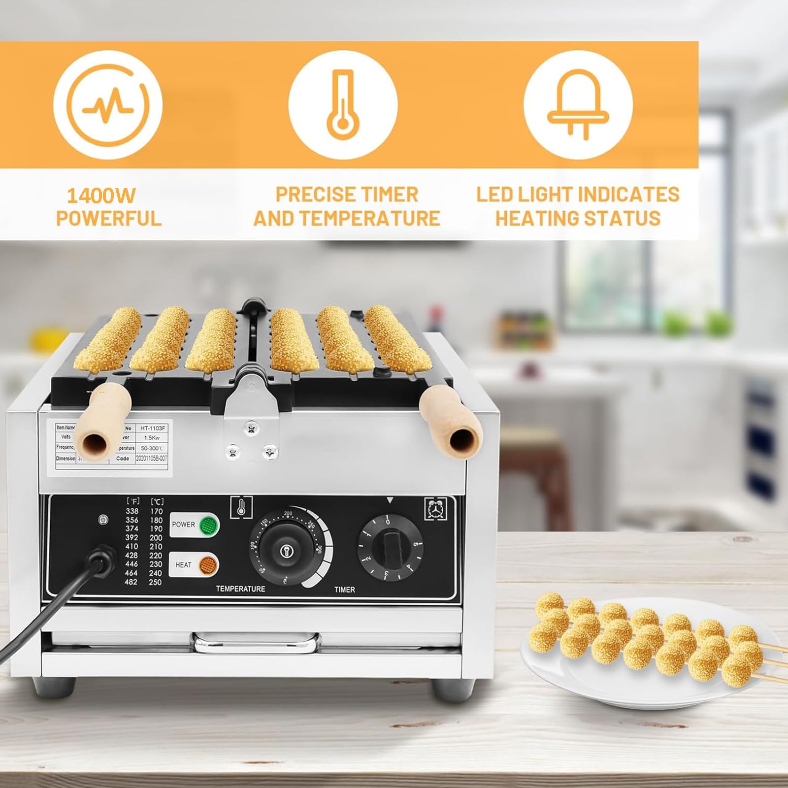 Gofrera De Bolas Comerciales, Máquina para Hacer Gofres De Brocheta De Burbujas Antiadherente 1400W, Plancha De Gofres para Panaderías,Restaurantes,Quioscos, Control De Tiempo Y Temperatura