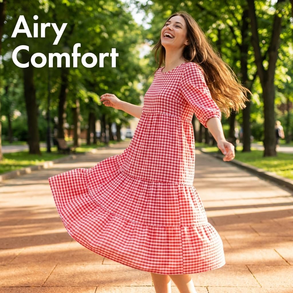 Women's Gingham Dress for Women Vintage Plaid Crewneck Short Puff Sleeve Tiered Flowy Beach Vacation Midi Dress