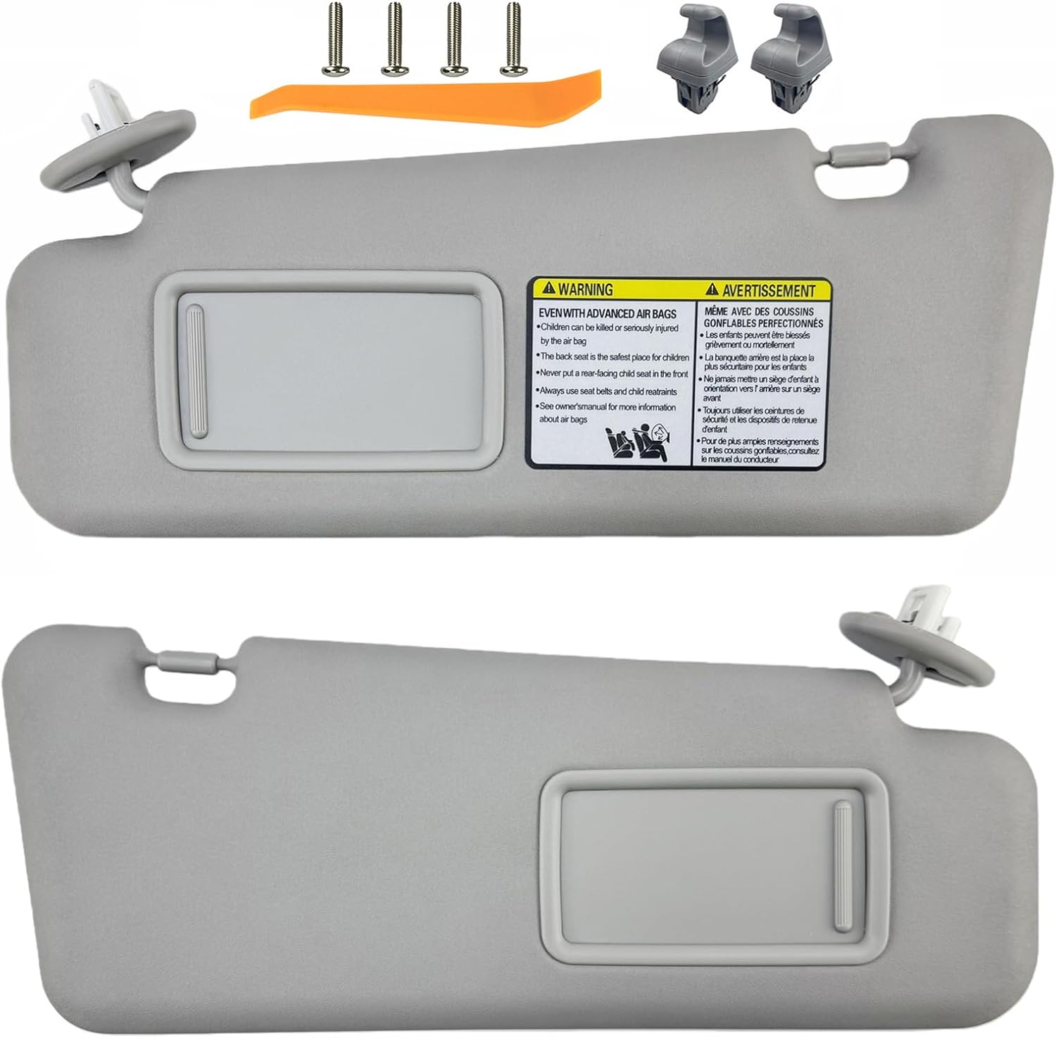 Pair of Left and Right Sun Visors with Screws and Clips Compatible with 2001 2002 2003 2004 2005 2006 2007 Toyota Highlander OEM Replace# 74320-48260-A0 (Gray Color)