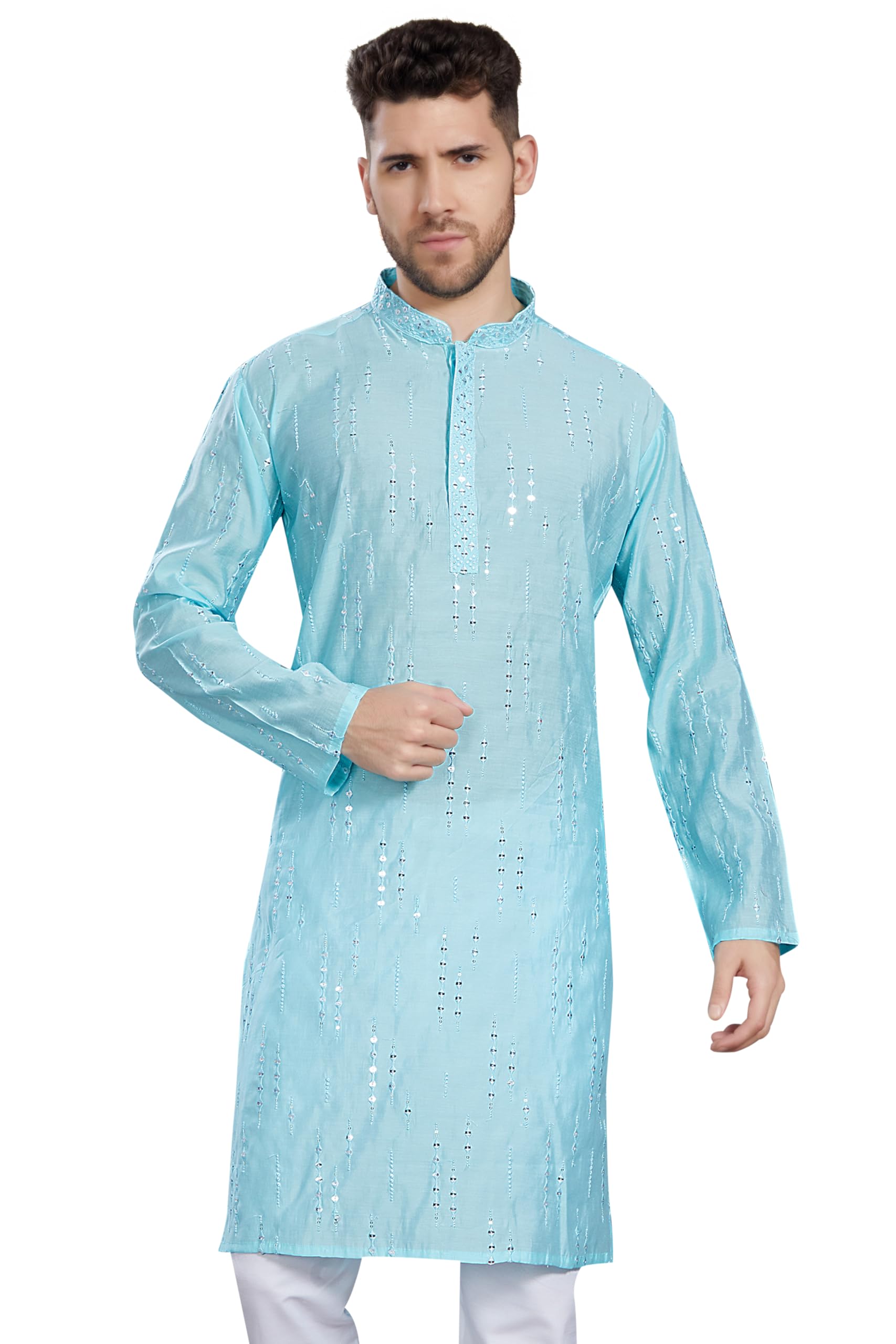 Divisive Men's Mirror Embroidered Silk Blend Only Slim Fit Kurta (Dkrt811_Xxl_Sky)