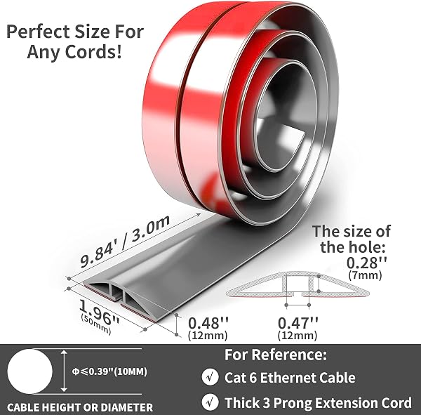 Bocguy 1M Pasacables Suelo, Canaleta Cables Suelo, Protector de Cables para Suelo, Cubiertas de Suelo para Cables Autoadhesiva Montaje para Todos los Hogar, Oficina, Escuela, Almacén (Gris) - 2