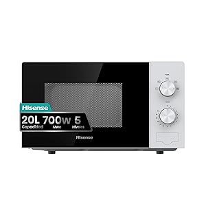 Hisense H20MOWP1 - Microondas 20L, 700W, Revestimiento Cerámico, Cristal Premium, 5 Niveles de Potencia, Función de descongelación, Fácil Limpieza, Temporizador de cocción, Blanco