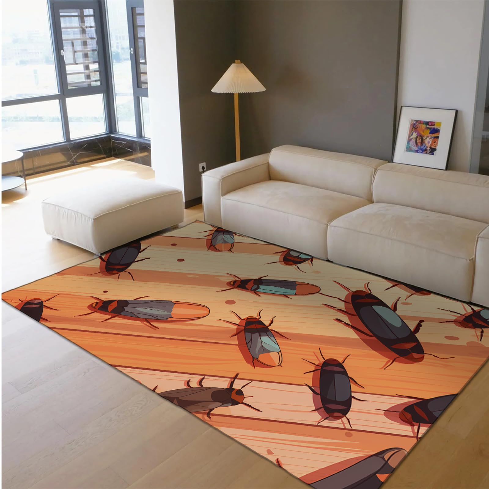 Tapis de Style Dessin animé 160x240cm - Texture de Sol en Bois avec des Motifs d’Animaux et d’Insectes Tapis Mince antidérapant à Poils Ras Lavable en Machine pour Porche