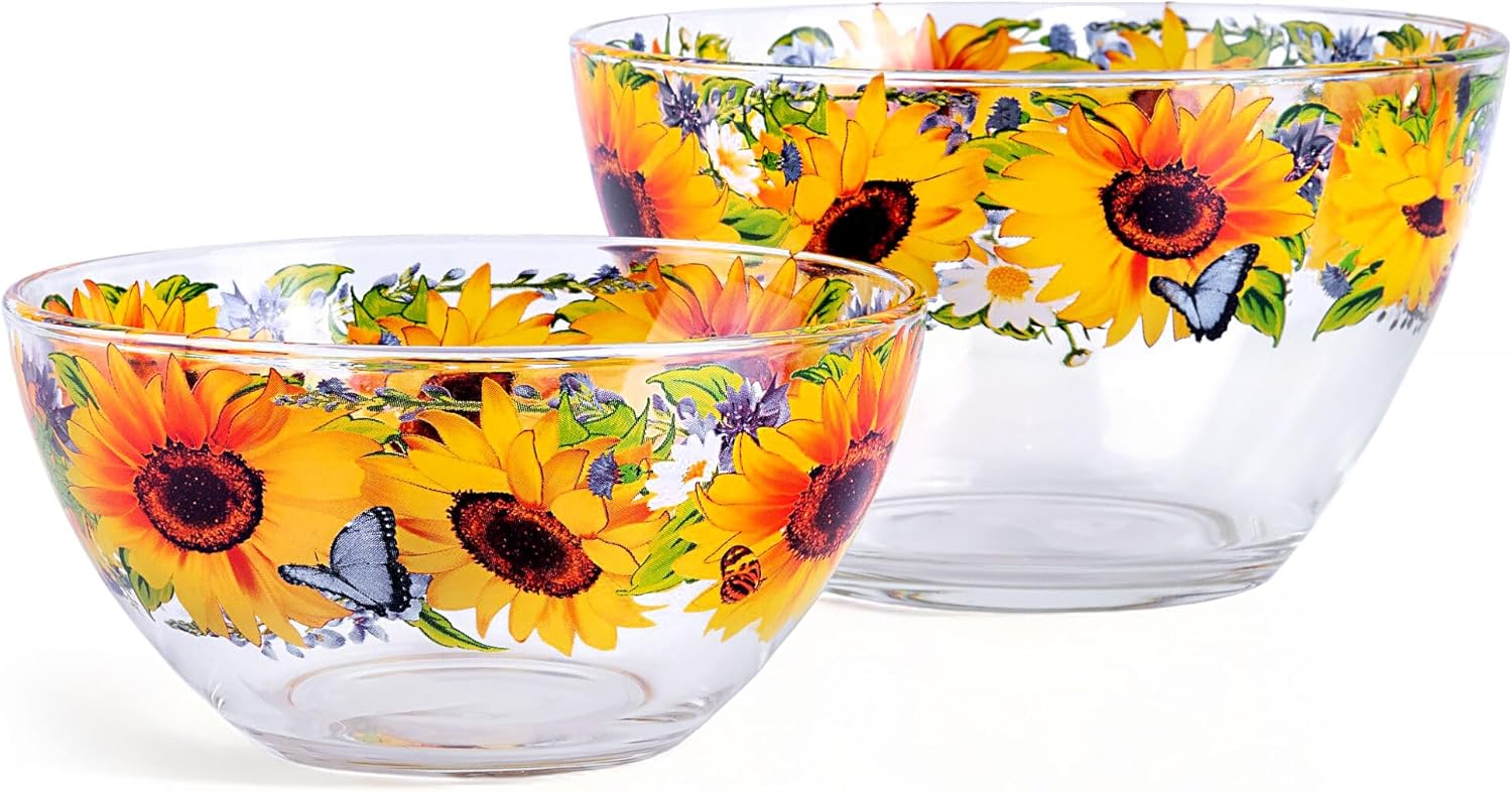 STP GOODS Glass Serving Bowl Set of 2 Pcs 23.7 oz and 50.7 oz, Large Glass Salad Bowl, Prepping, Deep Bowl for Kitchen Microwave & Dishwasher Safe (Sunflowers)
