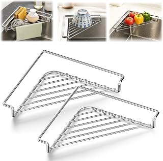 Stainless Steel Corner Sink Shelf with Triangular Open Wire Rack(2, Silver) | Stainless Steel Sink Corner Organizer,Dish Drying Rack,Space Saving Triangular Holder for Dishes,Produce, Sponges and Cloths