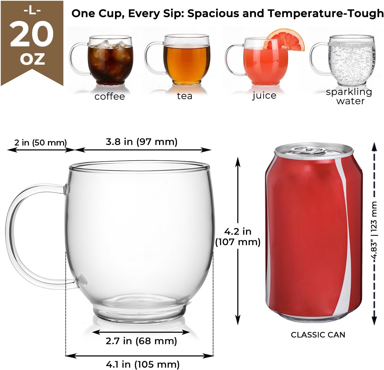 Aquach Glass Cups Coffee Mugs, 20 oz Large Clear Drinking Glasses, Dishwasher & Microwave Safe, Everyday Use for Cappuccino Latte Tea Juice, Home Office Kitchen Essentials, 2-Pack