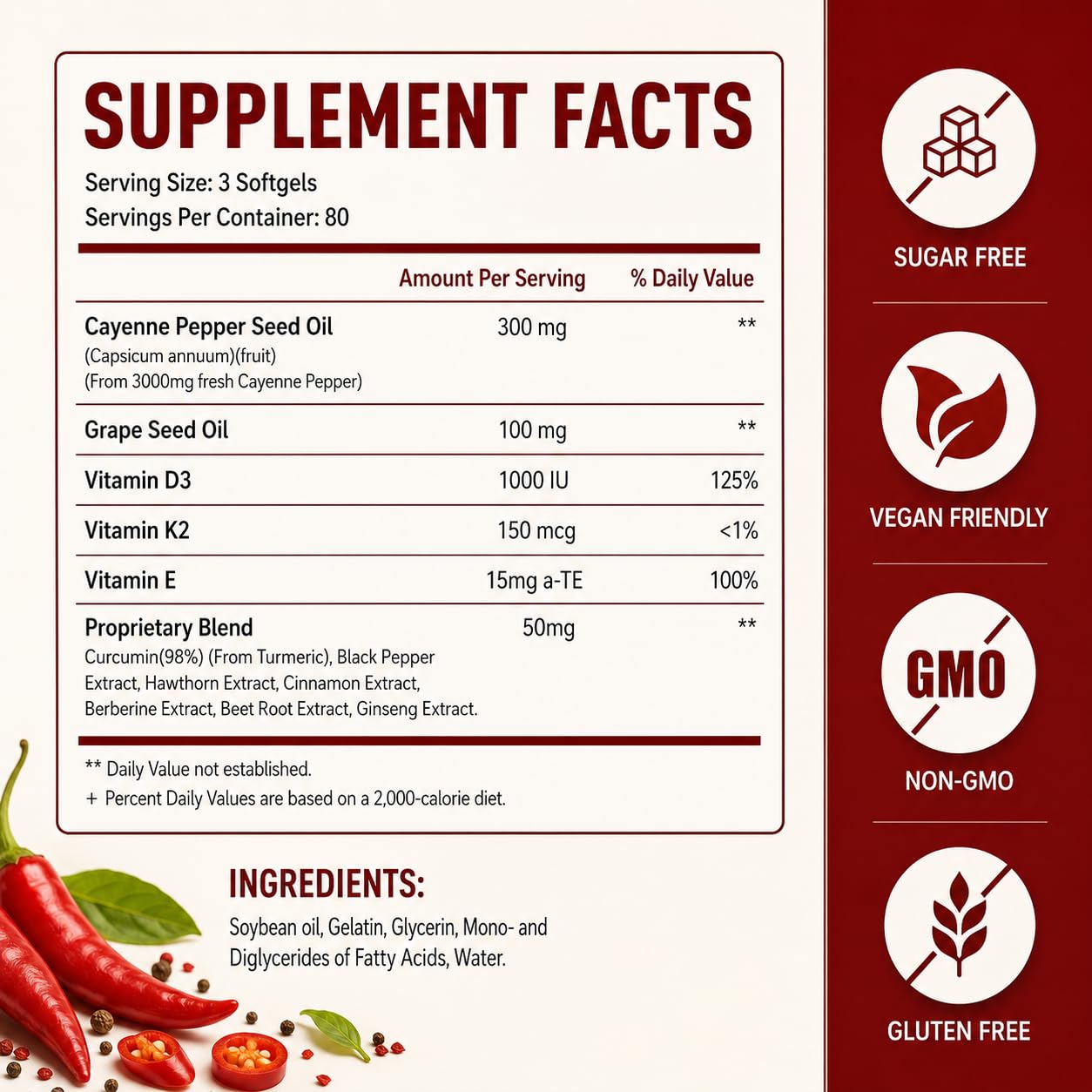 Cayenne Pepper Softgels Capsules, Capsaicin Supplements, Supports Leg Vein, Heart, Blood Vessel Health, 12-in-1 Extracts blend Vitamin E D3+K2, Grape Seed, Hawthorn, Beetroot, Berberine (240 count) — Amazon image 9