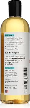 Certified Organic Pet Shampoo Natural Hypoallergenic Non Toxic For Sensitive Itchy Skin For Dogs, Cats, Puppies, Guinea Pigs and Rabbits. Concentrated Formula 16 Ounce