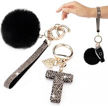 Initial Letter Keychain for Women Girl Bling Rhinestone Sparkly Bag Backpack Purse Charm Cute Pom Pom Key Chain Wristlet