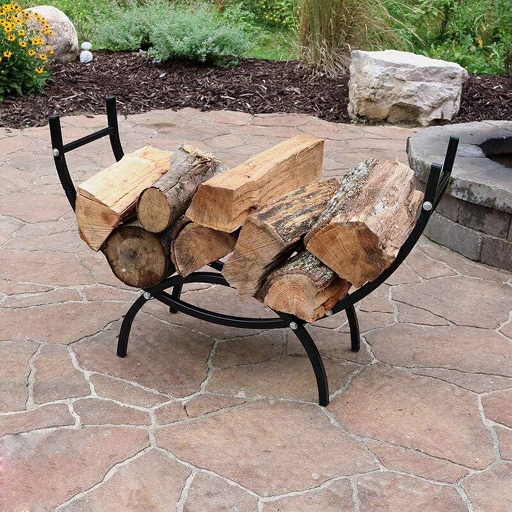 Heavy Duty Fireplace Screen & Firewood Rack, Small Decorative Indoor Log Holder, Metal Basket for Outdoor Fireside, Black Steel Firewood Carrier & Hoop Decor