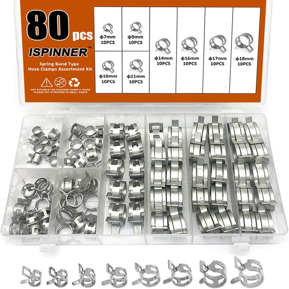 ISPINNER 80pcs Spring Band Type Fuel/Silicone Vacuum Hose Pipe Clamp, 7mm-18mm Low Pressure Air Clip Clamp (7mm 9mm 10mm 11mm 14mm 16mm 17mm 18mm)