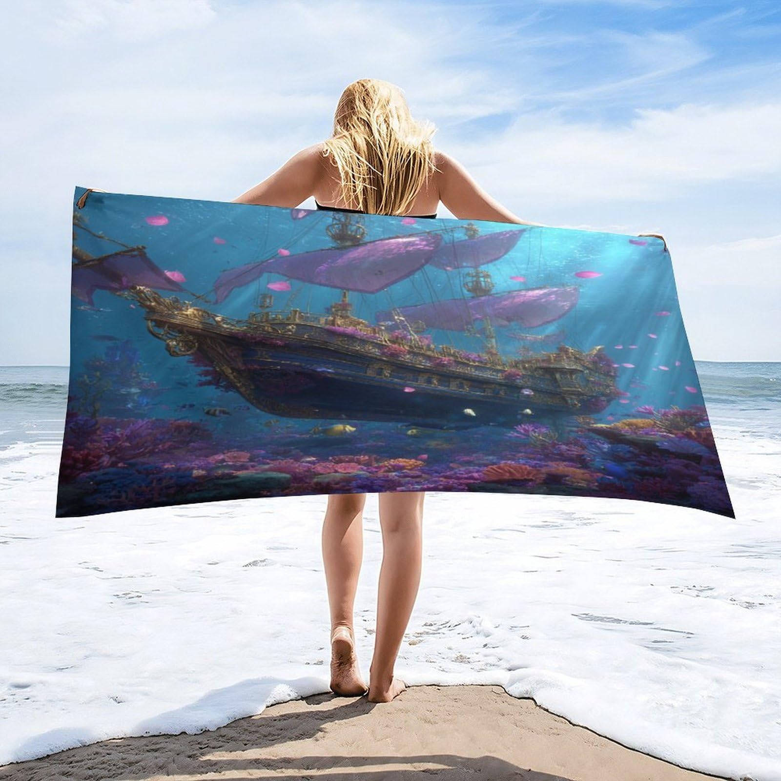 Luyysky Fantasy Vintage Pirate Ship Absorbent Beach Towel, Classic Rustic Nautical Ocean Underwater Animal Fish Coral Outdoor Single-Sided Velvet Beach Towel-80 W Cm X 160" L Cm