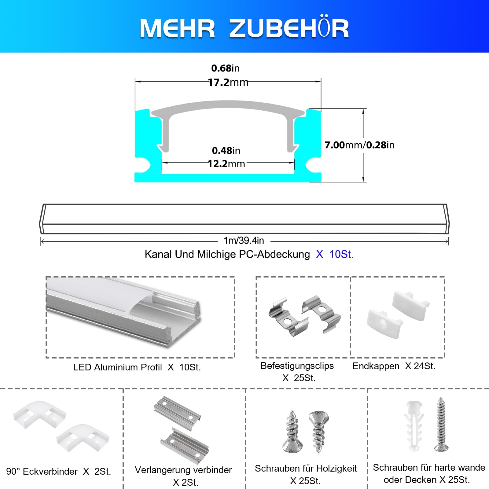 Efishine 10 Pack LED Profile Aluminium 10 x 1 m, U-Shape Aluminium Profile with Milky Cover for LED Strips, End Caps and Mounting Bracket for LED Strips, Very Easy Installation