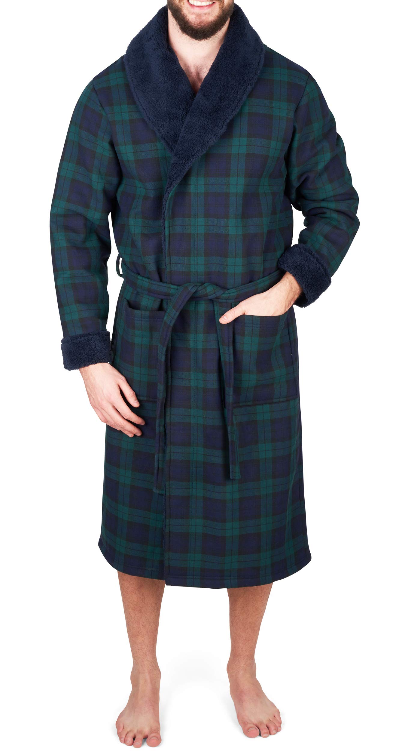 John Christian Men's Navy / Green Bonded Fleece Robe, Blackwatch Tartan, Xl