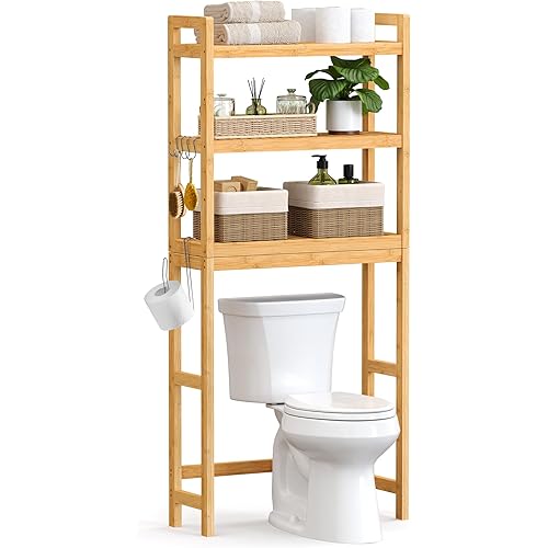 SONGMICS Over The Toilet Storage, 3-Tier Over Toilet Bathroom Organizer with Adjustable Shelf, 10.2 x 24.8 x 66.9 Inches, Space-Saving, Natural Beige UBTS001N01