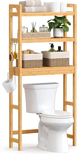 SONGMICS 3-Tier Bamboo Over The Toilet Storage, Adjustable Shelf, 66.9''H | Bathroom Organizer, Fit Most Toilets, Space-Saving, Natural Beige, 10.2 x 24.8 x 66.9 Inches UBTS001N01