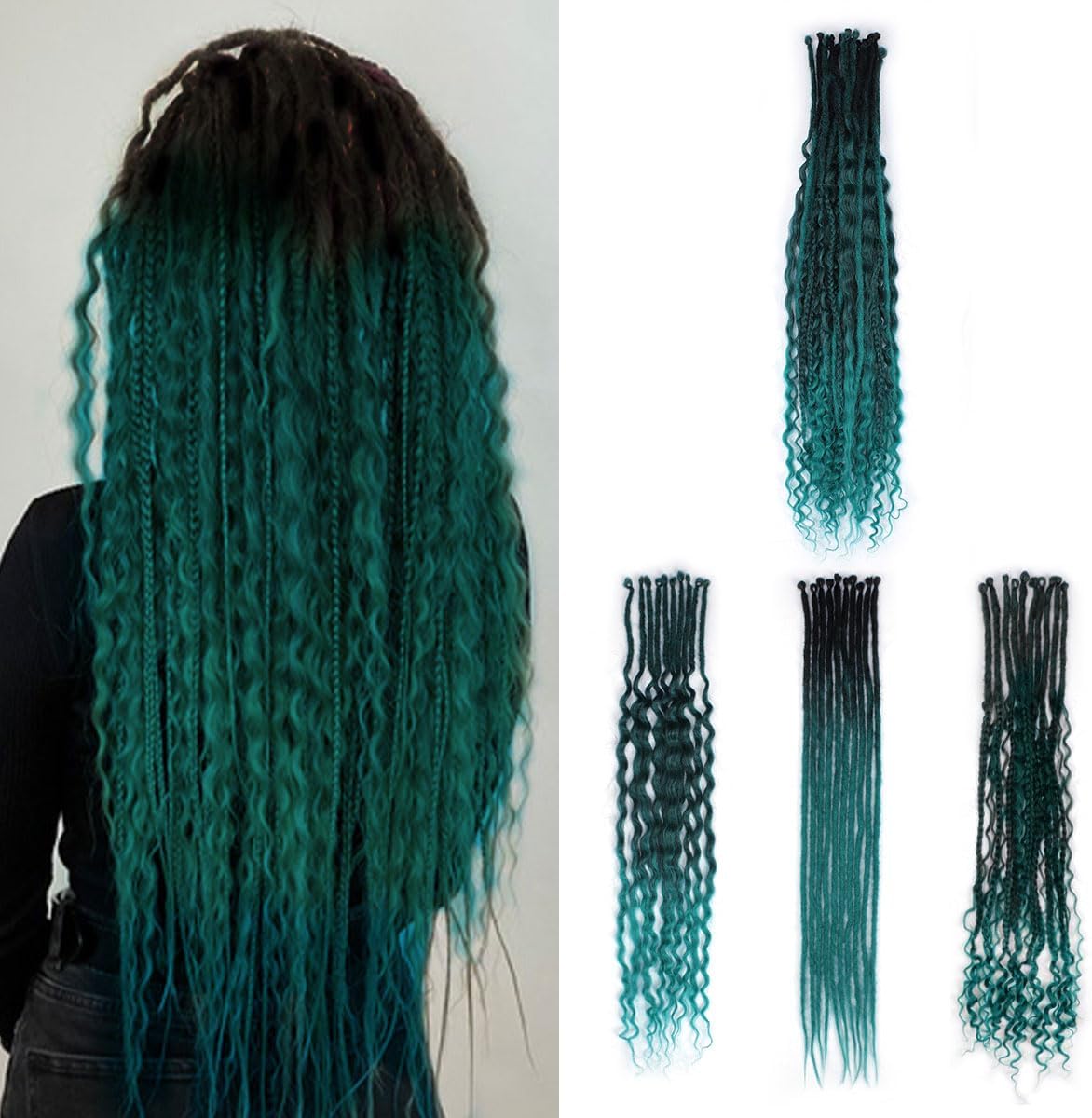 24in Single Ended 3 in 1 Dreadlock Extensions, 30pcs Ombre Teal Green Mixed Dreads Extensions Set SE Dreads with Curly Dreadlocks for White Women