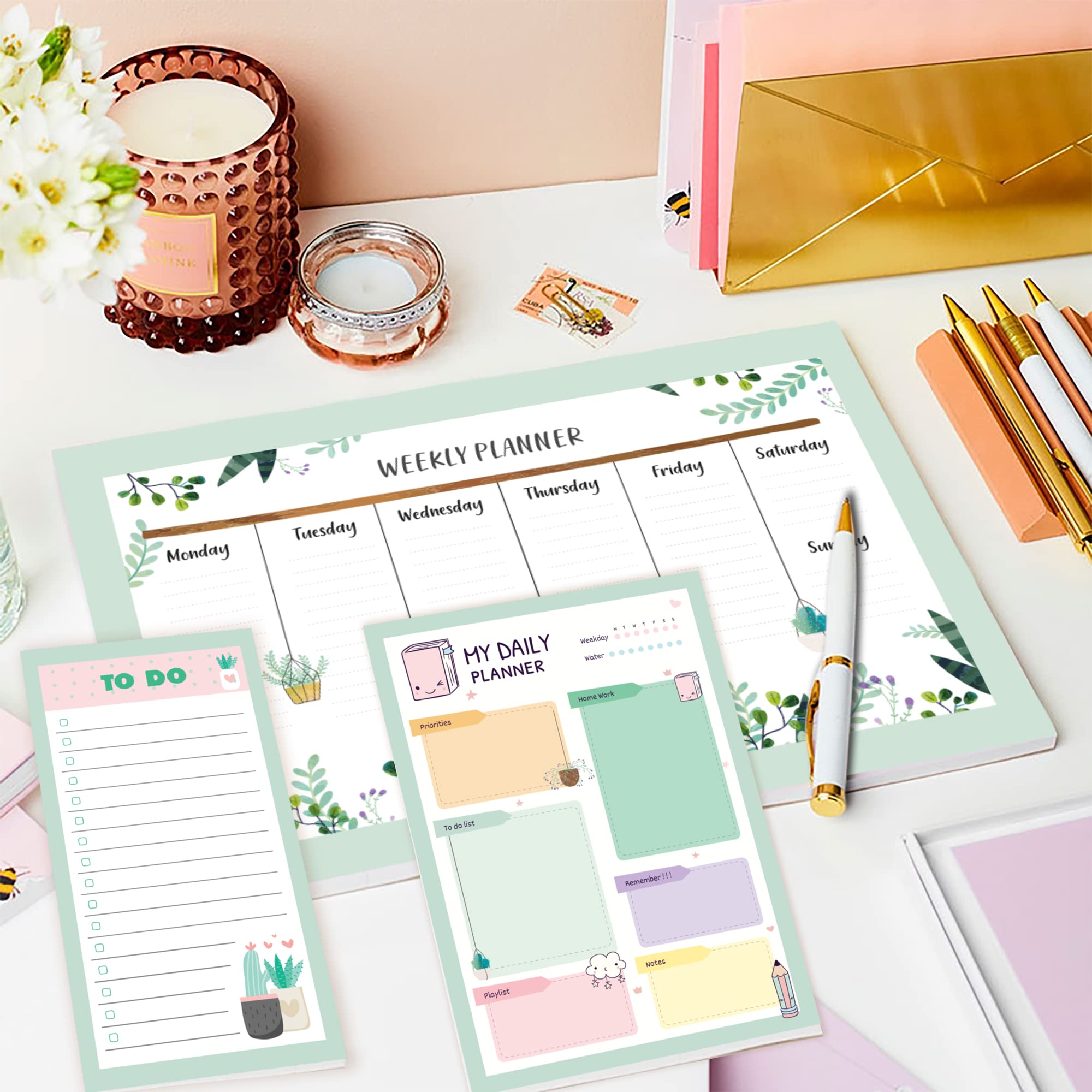 colortouch Haftalık, Günlük Planlayıcı Set - 50 Sayfa Tarihsiz Masaüstü Planner - Gençler, Kızlar, Yetişkinler için To Do List - 3 Parça - Green Serisi