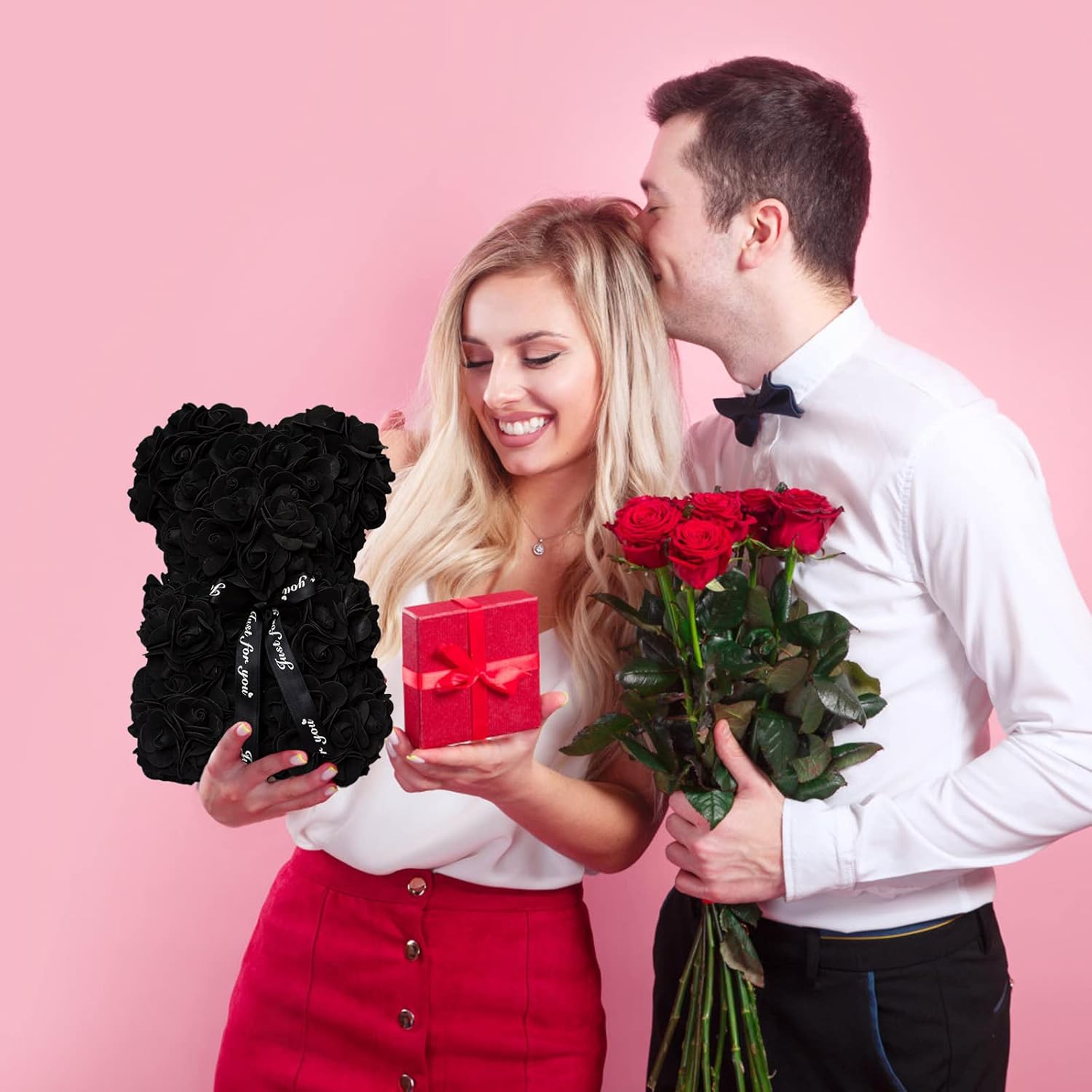 DuHouse 10 inch Rose Bear Artificial Plant for Anniversary, Birthdays, Bridal Showers - Fully Handmade, Unique Gift Box (Black) - Image 3