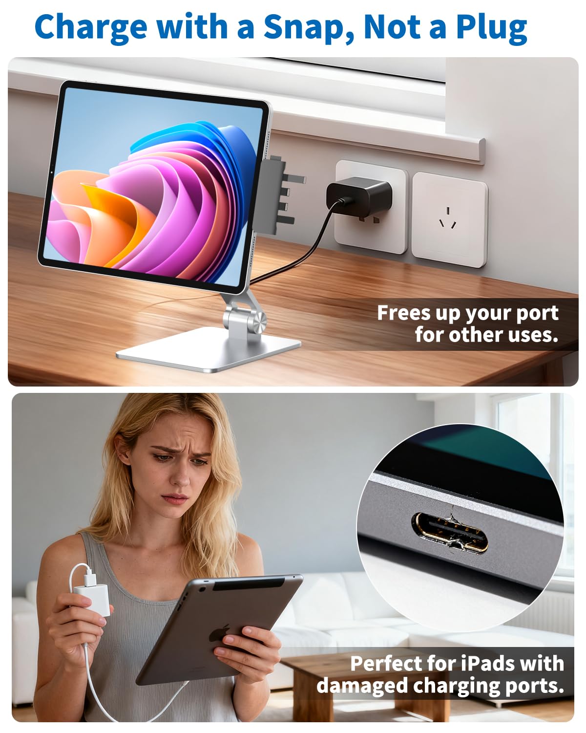 Supporto di ricarica wireless magnetico per iPad, supporto in lega di alluminio a doppia regolazione per ufficio, disegno, compatibile solo con iPad Pro 13" M4 (2024)