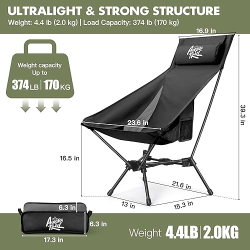 Miniatura 2 de Sillas de camping ligeras de respaldo alto con almohada, silla de camping plegable portátil y compacta, para mochileros, viajes, senderismo, picnic,