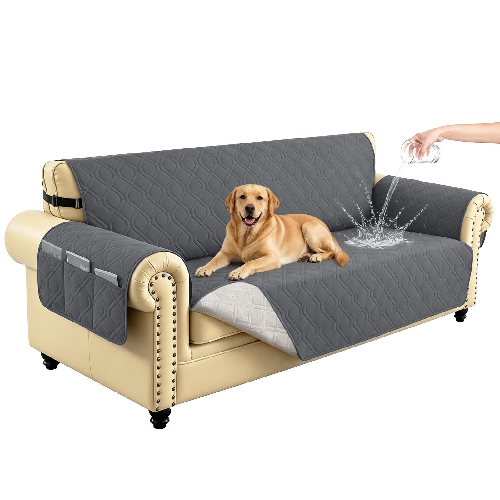 Hiiksolo Waterproof Sofa Cover, Non-Slip Loveseat Slipcover with Elastic Straps, Quilted Couch Protector for Pets Dogs Cats, Machine Washable & Furniture Protector for Kids, 3 Seater Grey