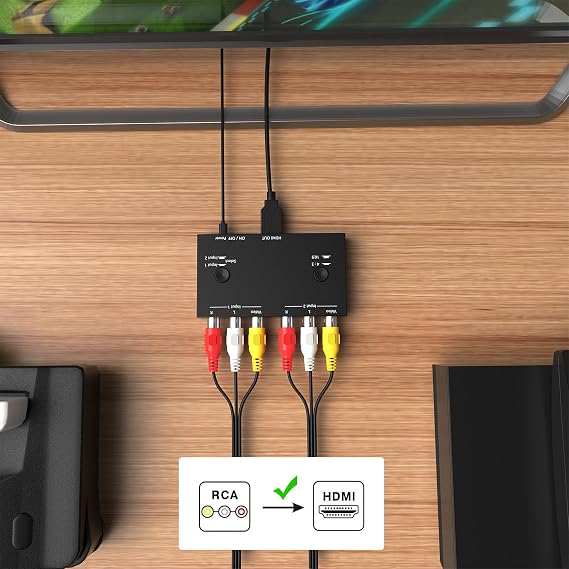 Dingsun 2 Port AV to HDMI Converter, RCA to HDMI Adapter Support 16:9/4:3 Compatible with WII, N64, PS2, VHS, VCR DVD Players etc
