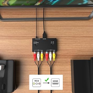 Dingsun 2 Port AV to HDMI Converter, RCA to HDMI Adapter Support 16:9/4:3 Compatible with WII, N64, PS2, VHS, VCR DVD Players etc