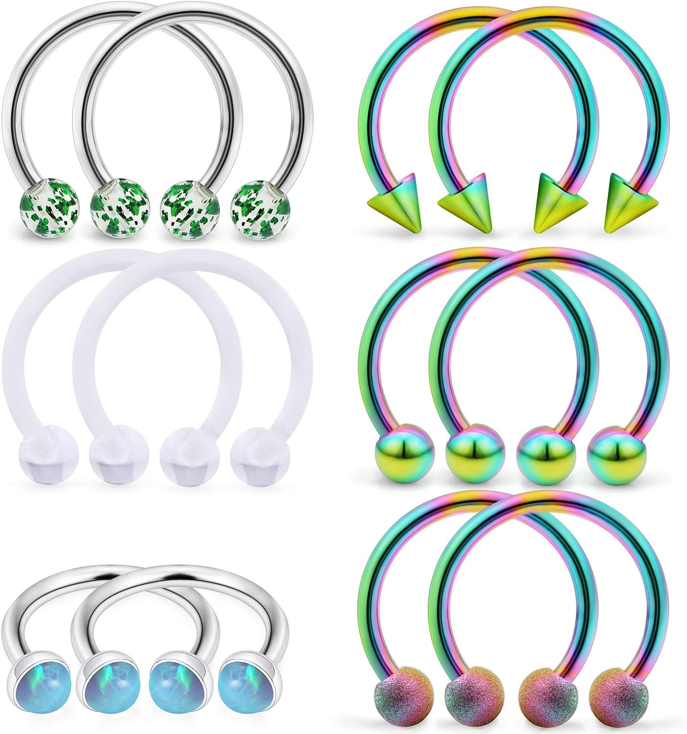 SCERRING 6 Pairs 16G Stainless Steel Horseshoe Septum Ring Nose Rings Hoop Helix Daith Cartilage Tragus Earrings Lip Body Piercing Jewelry Opal 8mm 10mm