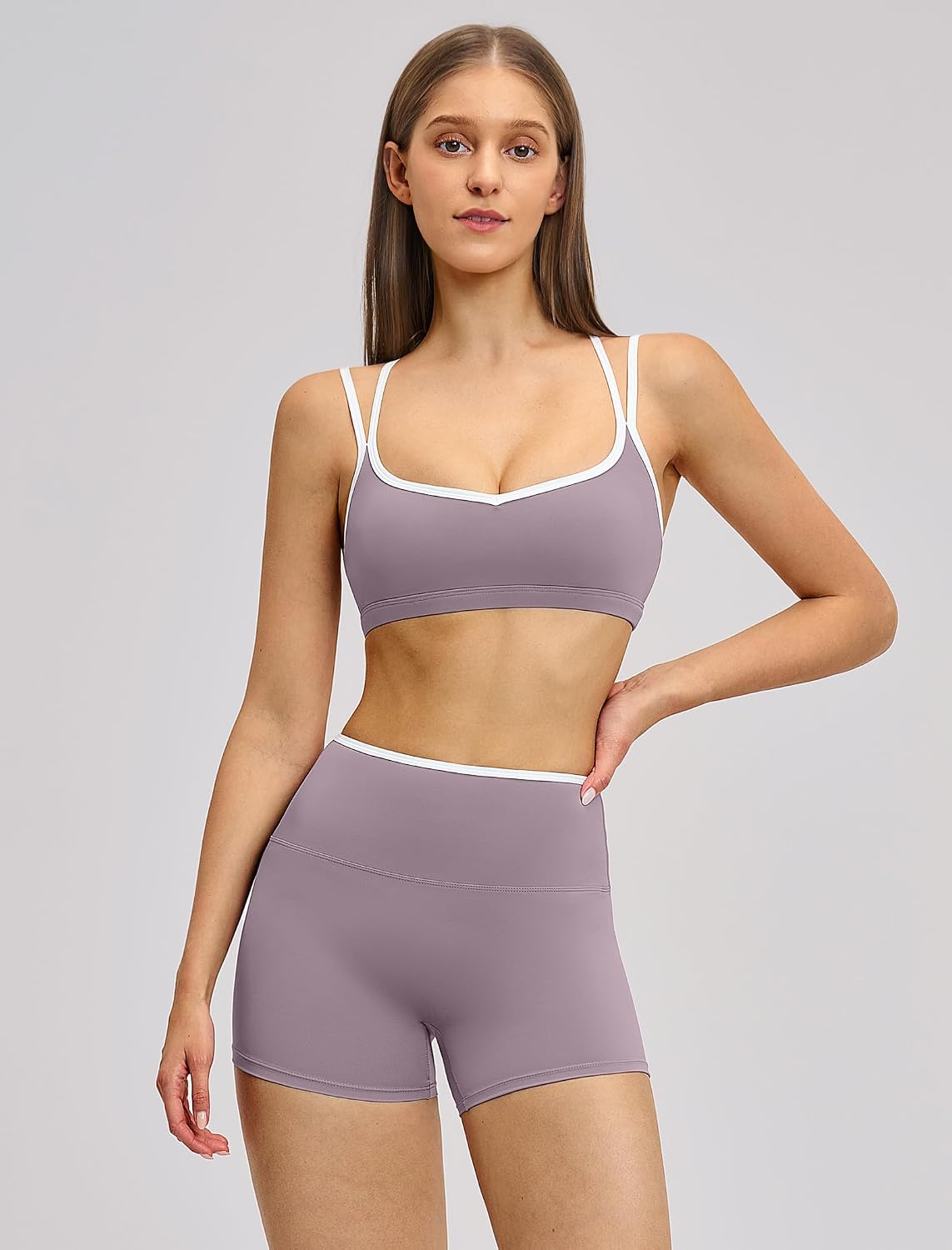 QBGJTD Two Piece Workout Sets For Women Sports Bra Matching High Waist Scrunch Butt Shorts Gym Yoga Athletic Clothes X-Small Purple Colorblock