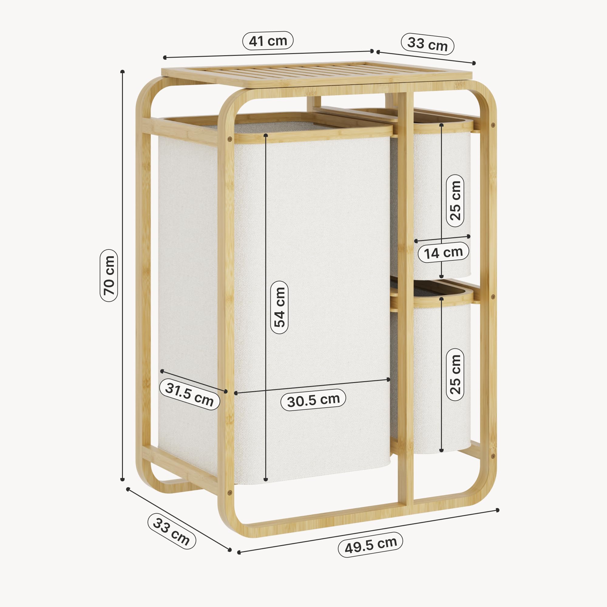 [en.casa] Mobile Portabiancheria in Bambù con Ripiano a Doghe e 3 Sacchi Estraibili per Bucato 70,5 x 49,5 x 33 cm - Beige