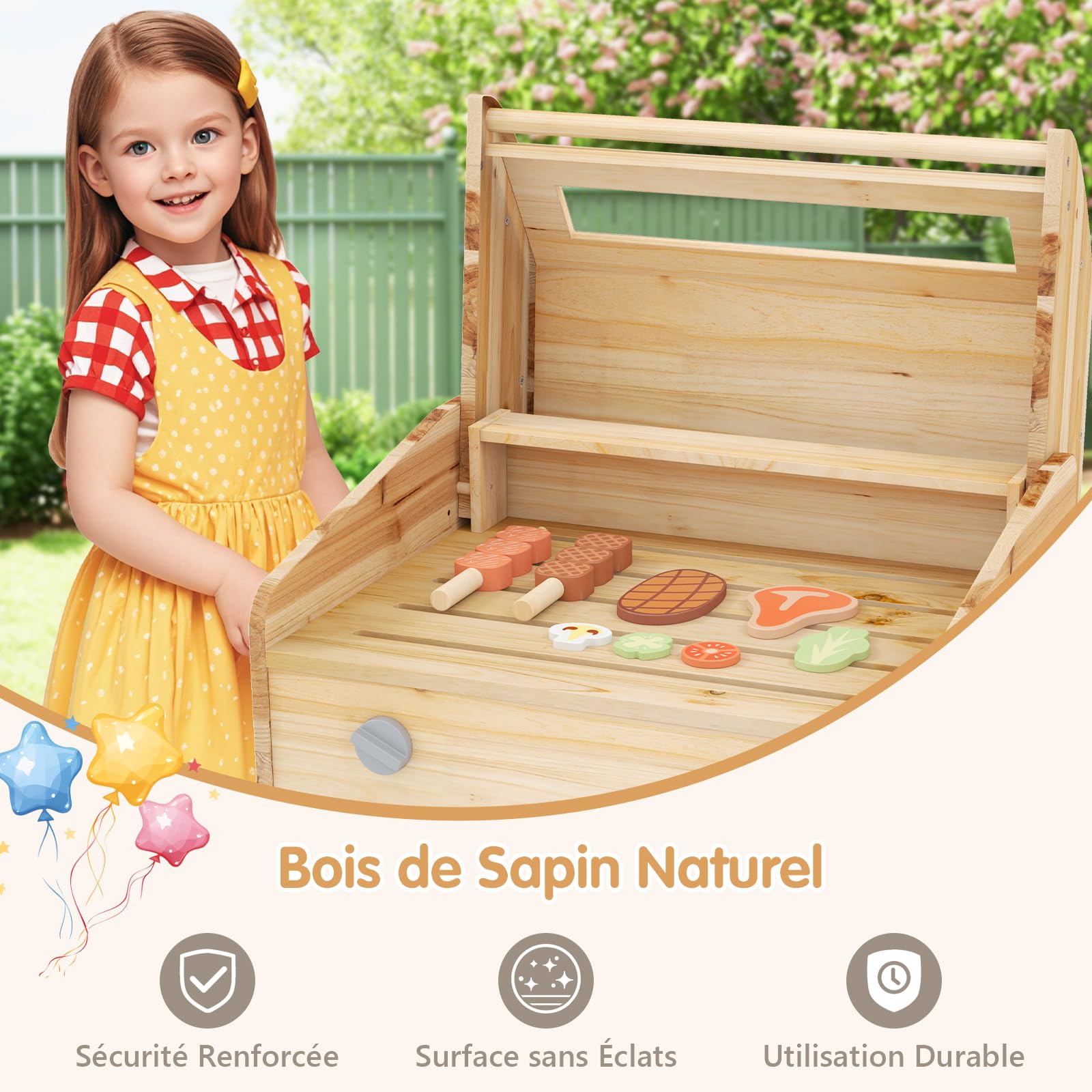 GOPLUS Barbecue en Bois Enfant, Jeu BBQ Set avec Nourriture de Jeu, Outils de Gril et Bouteilles d'Assaisonnement, Jouet de Cuisine Intérieur/Extérieur pour Enfant 3+ Ans